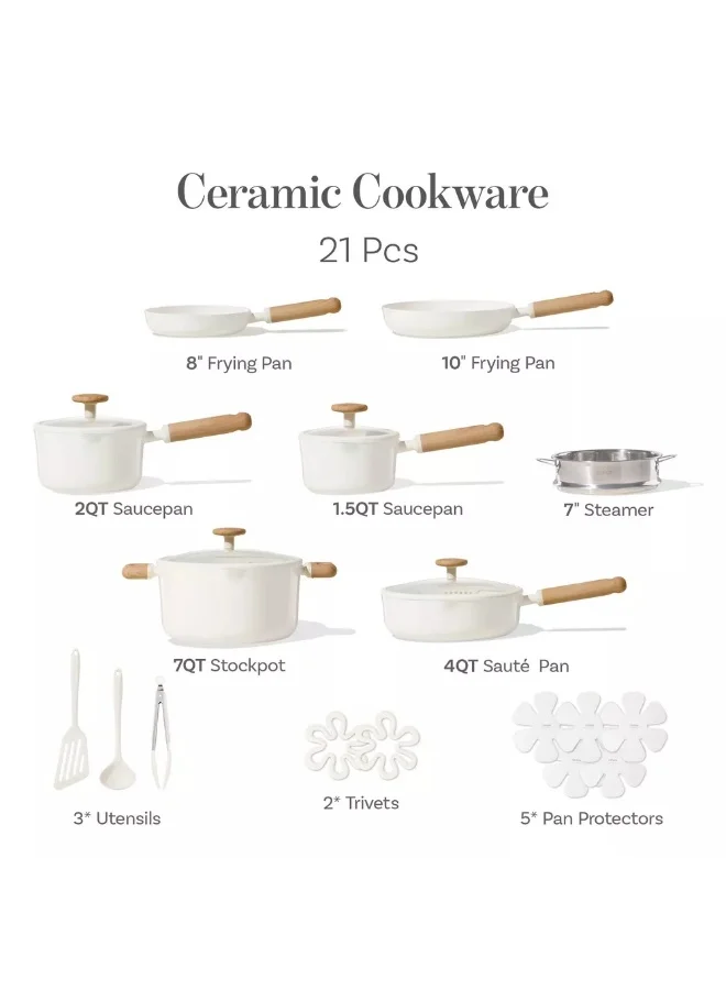 كاروت طقم أواني كاروت 21 قطعة سيراميك غير لاصق لطهي صحي خالٍ من PFAS، بأغطية سيليكون بمصفاة مزدوجة وقاعدة توزيع حرارة متساوٍ، متوافق مع جميع المواقد وآمن لغسالة الصحون (كريمي)